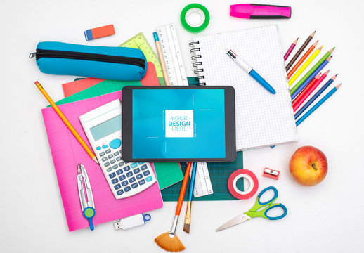 Tablet on School Supplies Mockup