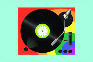 Obraz premium sparkling black vinyl shot spinning on a turntable in front of blue background