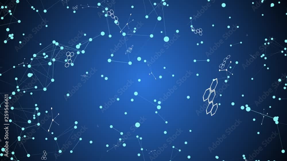 Poster animation slow moving of molecules or network.futuristic elements are animated on a computer monitor
