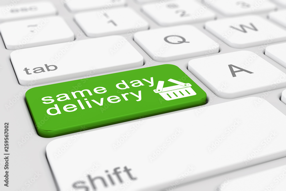 Poster 3d render of a keyboard with green same day delivery button.