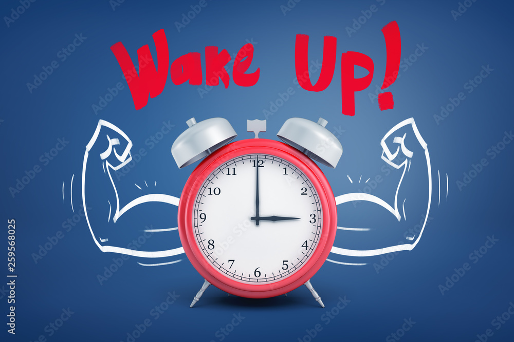 Poster 3d rendering of a red old-fashioned alarm clock with strong arm muscles drawn on both sides.