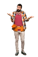 Craftsmen man making doubts gesture over isolated white background