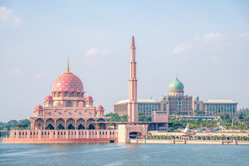 Putra mosque during sunset sky, the most famous tourist attraction in Putrajaya, Malaysia