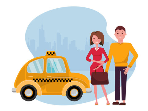 Smiling young man and woman are standing next to a cute yellow taxi against the silhouette of a big city. Convenient urban travel concept for young business people. Vector flat cartoon illustration