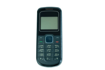 Old black mobile phone with dot matrix screen and Thai letters button.Isolated white background.