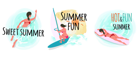 Summer vacation and relaxation, woman swimming in water vector. Sweet summertime surfboarding lady, female laying on board, surfing persons hobby