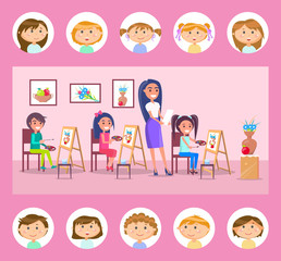 Students drawing on canvas vector, lessons at school. Art classes, pupils with pallets of gouache looking at vase with flowers and fruit, teacher with task