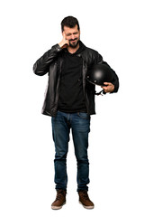Fototapeta premium Full-length shot of Biker man with headache over isolated white background