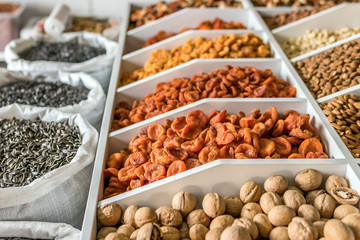 mixed nuts and dried fruits. organic healthy snacks.