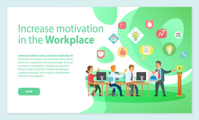 Worker standing with poster near award, people working with computers and discussing successful strategy. Green web page, increase motivation vector