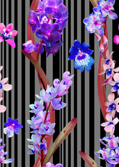 Seamless photorealistic pattern of multicolored orchids on a striped background. Floral print fabric, the basis for various designs.