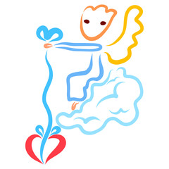 Abstract Angel sits on a cloud and puts a heart down on a string