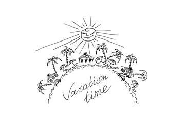 Travel, vacation and tourism on the islands in a bungalow on the coast of the sea. Sunny sandy beach. Stylization hand drawing.