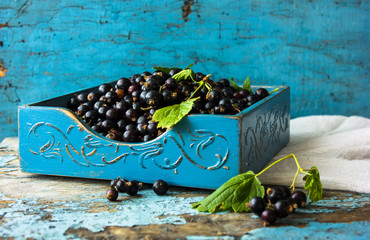 Fresh currants in blue box / Top view red ripe black currant fruit and green leaf on dark background