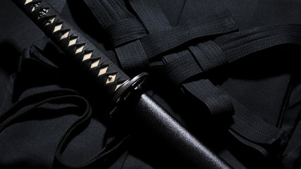 Japanese katana samurai sword. Aikido hakama, martial arts uniform