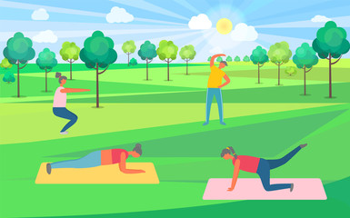 People doing exercise in park, girls on mat, squatting human. Sporty portrait view of man and woman, healthy lifestyle, stretching and pumping vector