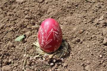 Burying the Old Easter egg in the first furrow of the earth. Old Slavic pagan fertility ceremony