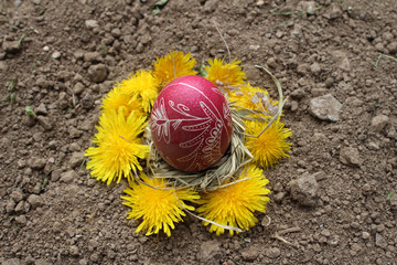Burying the Old Easter egg in the first furrow of the earth. Old Slavic pagan fertility ceremony