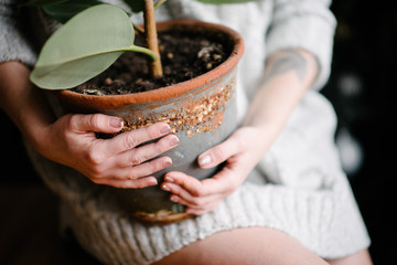 A woman is holding a big pot with a flower