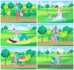 Obraz na płótnie Canvas Mother and kid in park vector, mom spending time with child on nature, baby in perambulator. Care for children, childhood, greenery fair weather. Website or webpage template, landing page flat style