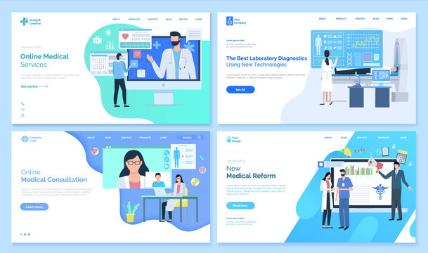 Online medical services vector, best laboratory diagnostics using new technologies, consultation of doctor, treatment and receipt from specialist. Website or webpage template, landing page flat style