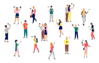 Fototapeta na wymiar People holding smartphones in hands vector, set of man and woman. Mobile phone, selfies and listening to music, applications for connection, wifi