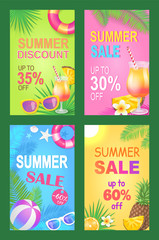 Naklejka premium Summer discount reduction posters set vector. Seasonal proposition and sales of lifebuoy, sunglasses,, and inflatable balls. Pineapples and cocktail