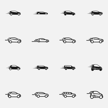 Set of speeding car black and white vector icon.