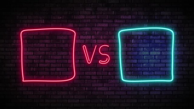 Versus screen in neon style. Blinking futuristic neon VS frames light on brick wall. Neon banner Announcement of two fighters. Competition vs match game, martial battle vs sport. 4k Motion Animation.