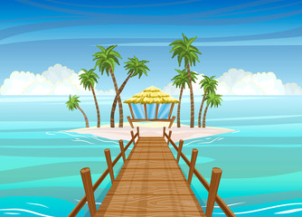 Idealistic tropical island, wooden bridge to the bungalow house