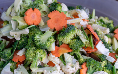 Many kinds of fresh vegetables, mixed together for sale in the market.
