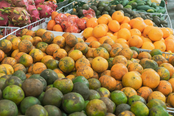 Hatyai, Songkhla, Thailand - Feb. 12, 2019 : Many kinds of fresh fruits sold in Hatyai fruit market, Songkhla, Thailand.
