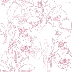 Hand drawn sketch illustration of lilies flowers seamless pattern. Floral pink line background, backdrop element for fabric, textile design, wedding.