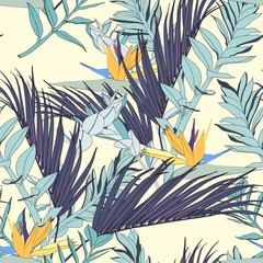 Strelitzia flowers with exotic blue palms leaves, light yellow background. Floral seamless pattern. Tropical illustration. Summer beach design. Paradise nature. 