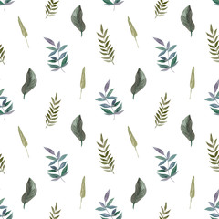 Seamless Pattern of hand drawn watercolor delicate flowers and leaves. Design for wedding invitation, fabric, packaging, textile, cover, postcard, paper, greeting cards, blog. Green cute wildflowers.