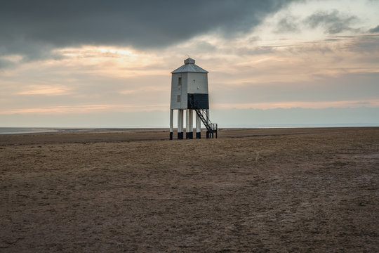 A cloudy evening at the Low Lighthouse in Burnham-on-Sea, Somerset, England, UK