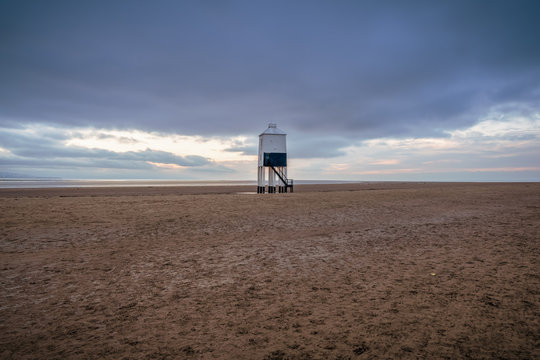 A cloudy evening at the Low Lighthouse in Burnham-on-Sea, Somerset, England, UK