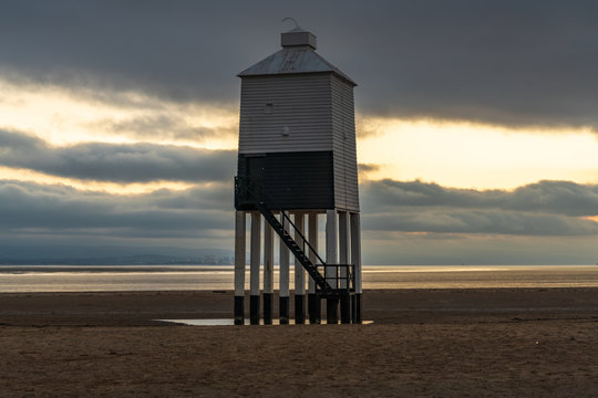 A cloudy evening at the Low Lighthouse in Burnham-on-Sea, Somerset, England, UK