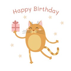 Happy Birthday. Greeting card with cartoon cat. Vector illustration.
