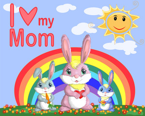 Mother s Day greeting card. Rabbit holding heart. Mom you are the best. I love you mom