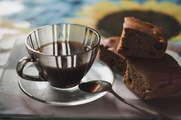 Black, coffee, muffin, breakfast, close, up, Cup, of, hot, with, cake