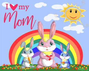 Obraz na płótnie Canvas Mother s Day greeting card. Rabbit holding heart. Mom you are the best. I love you mom