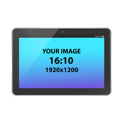 Black unbranded horizontally oriented 16:9 tablet, front view, photorealistic vector mockup.