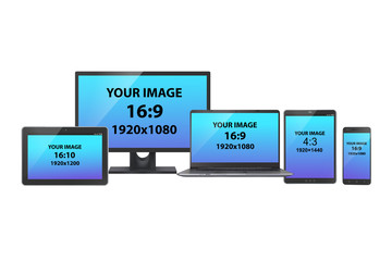 A set of electronic devices: PC monitor, tablets, laptop and smartphone with various screen size and aspect ratio, on white background. Realistic vector mockup.