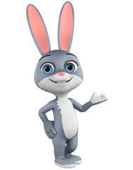 Fototapeta na wymiar Cartoon character gray rabbit points to empty space on a white background. 3d rendering. Illustration for advertising.