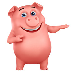 Pig cartoon character points to an empty hand on a white background. 3d rendering. Illustration for advertising.