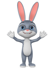 Rabbit cartoon character welcomes on a white background. 3d rendering. Illustration for advertising.