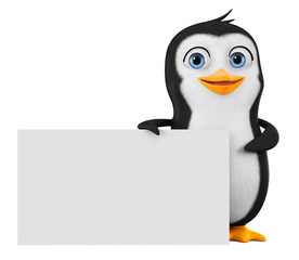Character cartoon penguin points to an empty board. 3d rendering. Illustration for advertising.