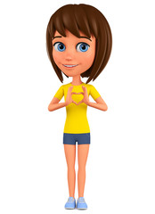 Cartoon character girl gives heart on white on a white background. 3d rendering. Illustration for advertising.