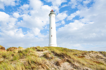 Fototapeta na wymiar Lyngvig Lighthouse in northern Jutland, North Sea coast, Denmark
